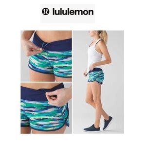 Lululemon Women Seven Wonders Blue Hero Green Print 2.5" Run Speed Shorts 6